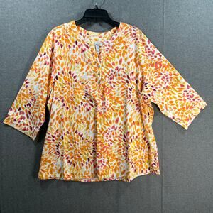Denim & Co. Textured Knit 3/4-Sleeve Y-Neck Henley Top Gold Multi, Size 2X